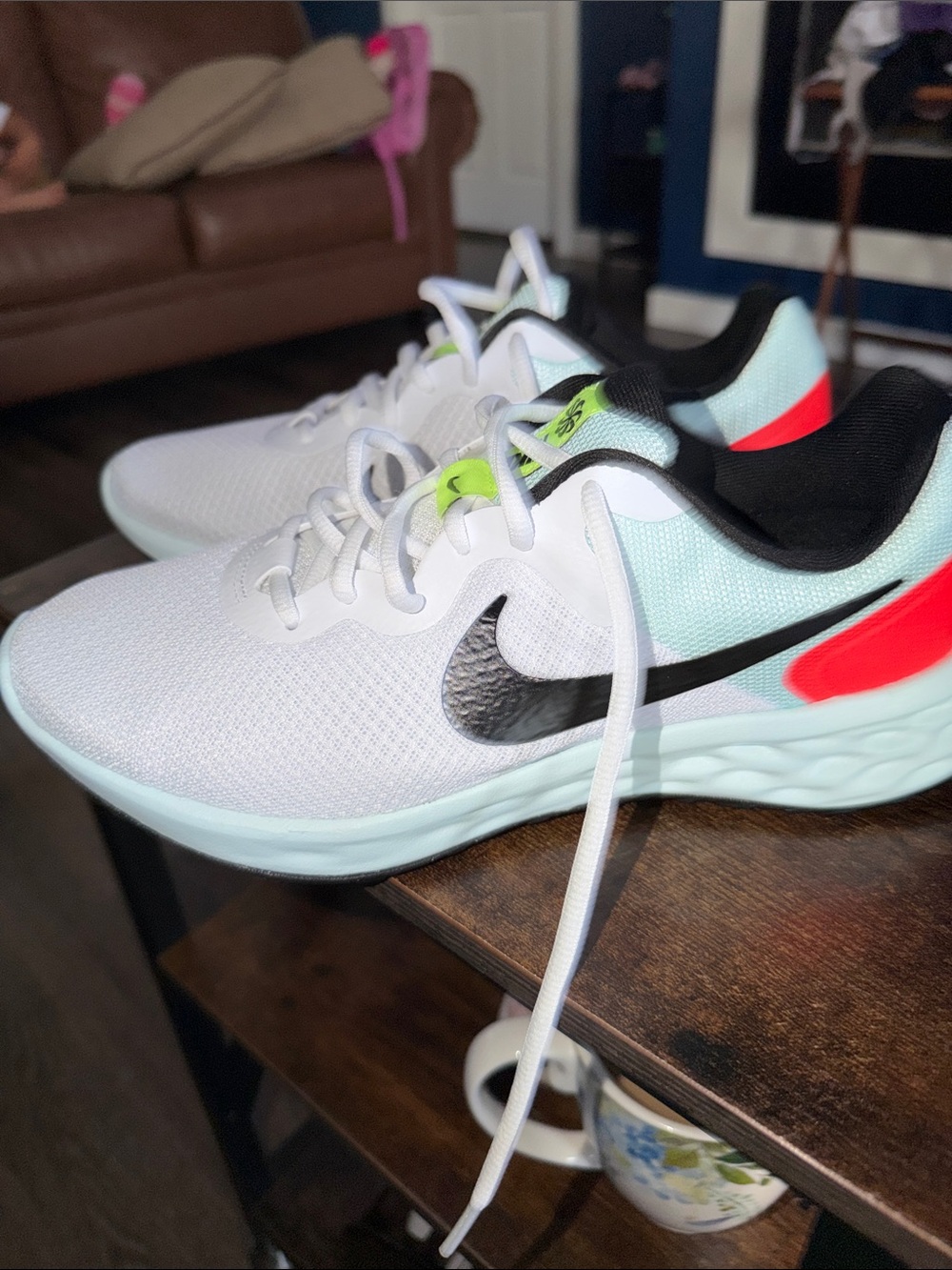 Nike White Athletic Sneakers with Black Swoosh and Neon Lime Tabs